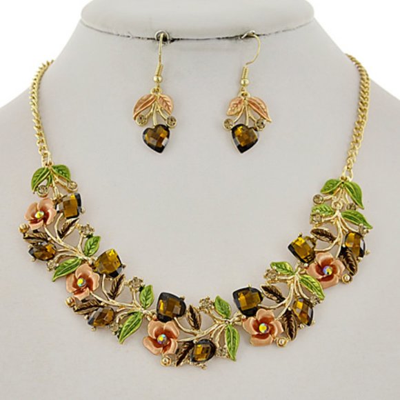 GOLD TONE & BROWN FLOWER STATEMENT NECKLACE SET - Picture 1 of 3